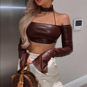 Brown PU High Neck Cold Shoulder Crop Top